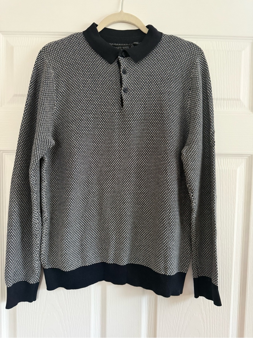 Brave Soul Black & White Crewneck Knit Polo Sweater Size M Cotton